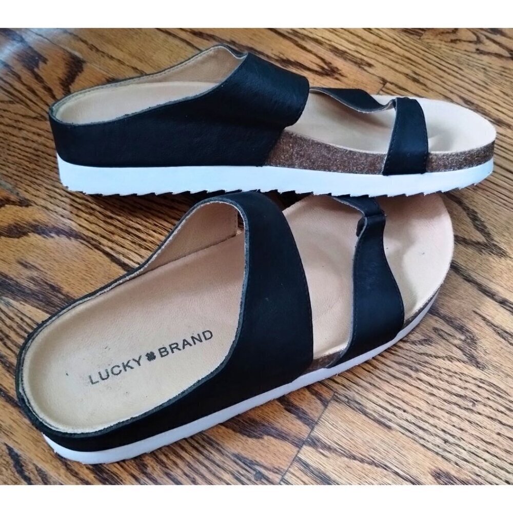 Women's Black Lucky Brand Harribel Toe-Loop Leather Sandals (Size 7M / 37.5)